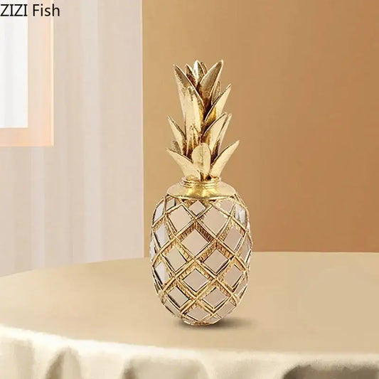 Golden pineapple art statuette with lattice design and transparent glass body for elegant desk decoration