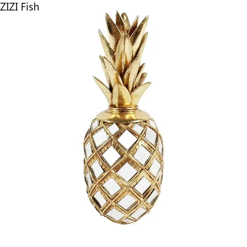 Golden pineapple art statuette with metallic finish and diamond-patterned mirror panels for desk decoration