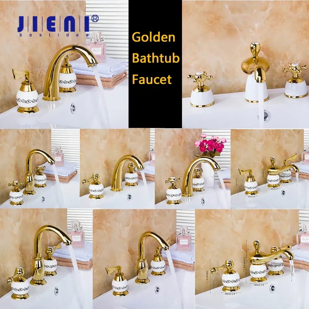 Golden plated bathroom faucet set with polished brass finish and white ceramic handles featuring black decorative patterns