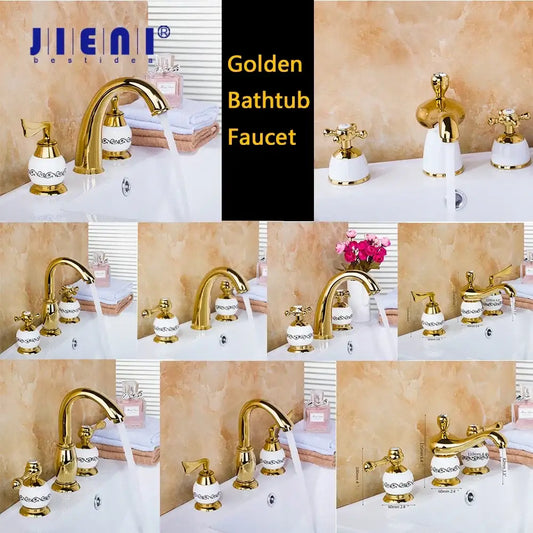 Golden plated bathroom faucet set with polished brass finish and white ceramic handles featuring black decorative patterns