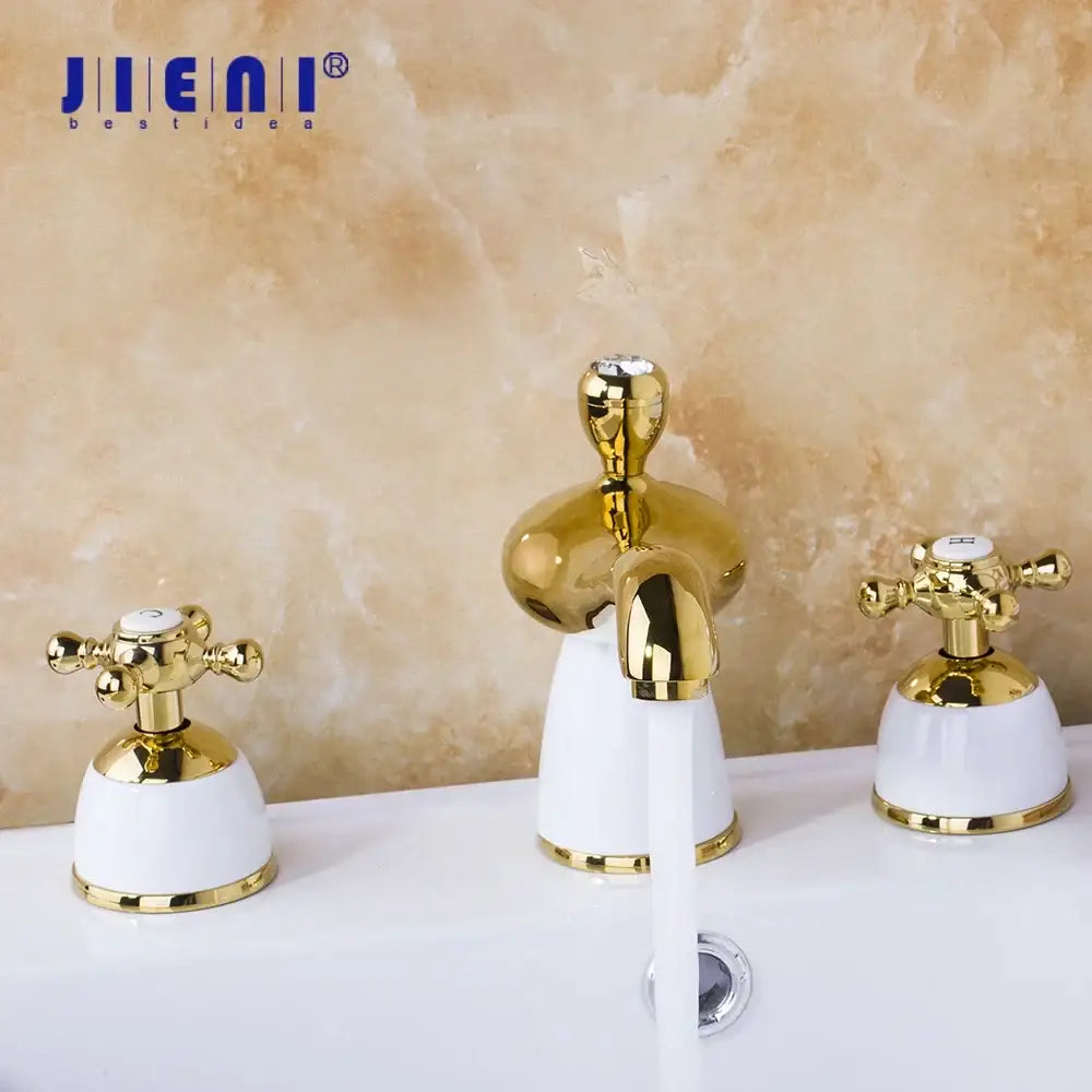 Golden plated bathroom faucet set with white ceramic cross-handle controls decorbites golden plated faucet set