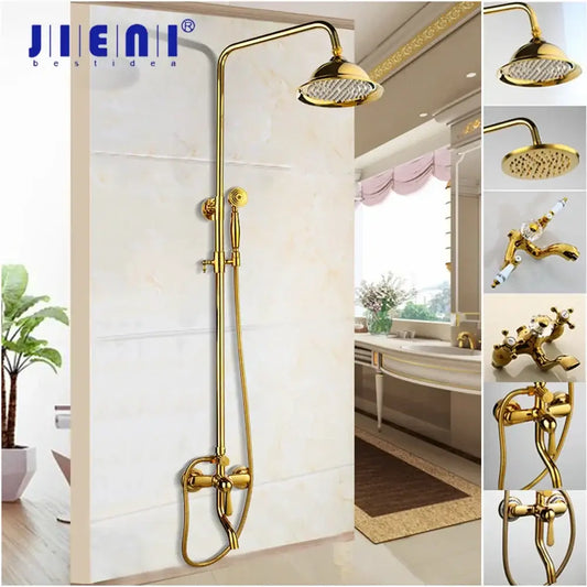 Golden polished shower head bathroom system with tall curved overhead rainhead and matching handheld spray decorbites golden polished