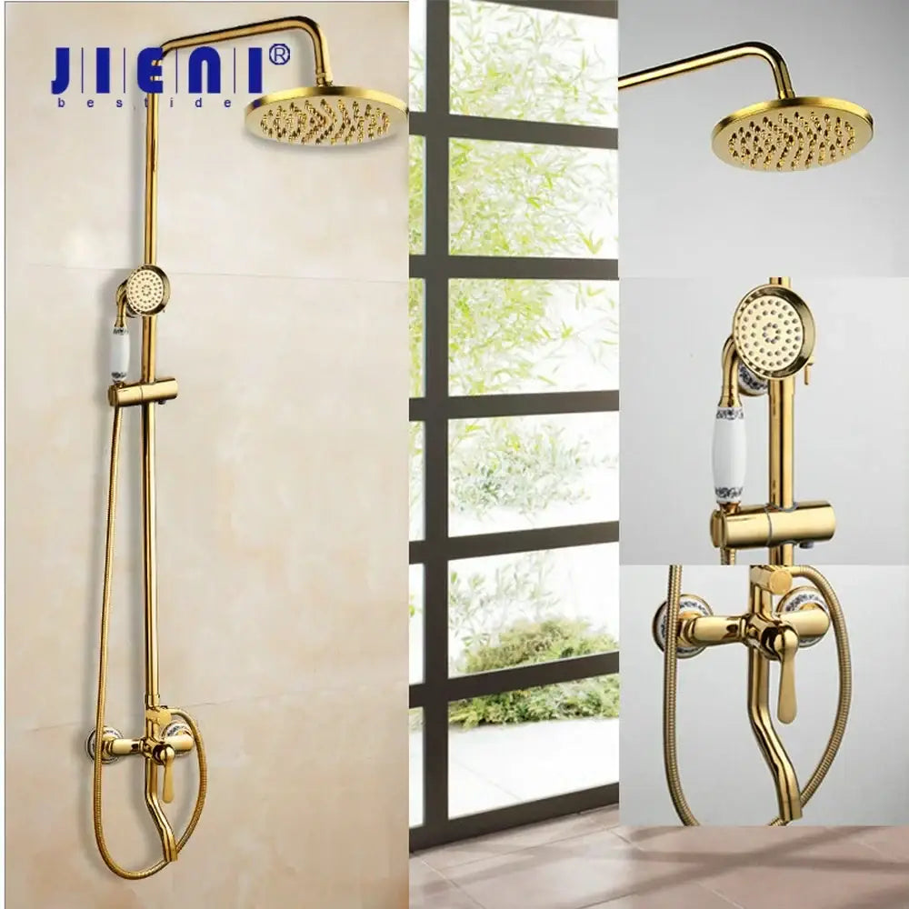 Golden polished shower head with handheld spray system brass construction white ceramic handles decorbites golden polished shower