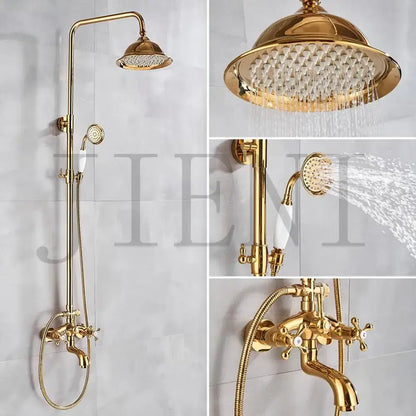 Golden polished shower system by decorbites with gold-finished brass shower head, handheld spray, and vintage faucet