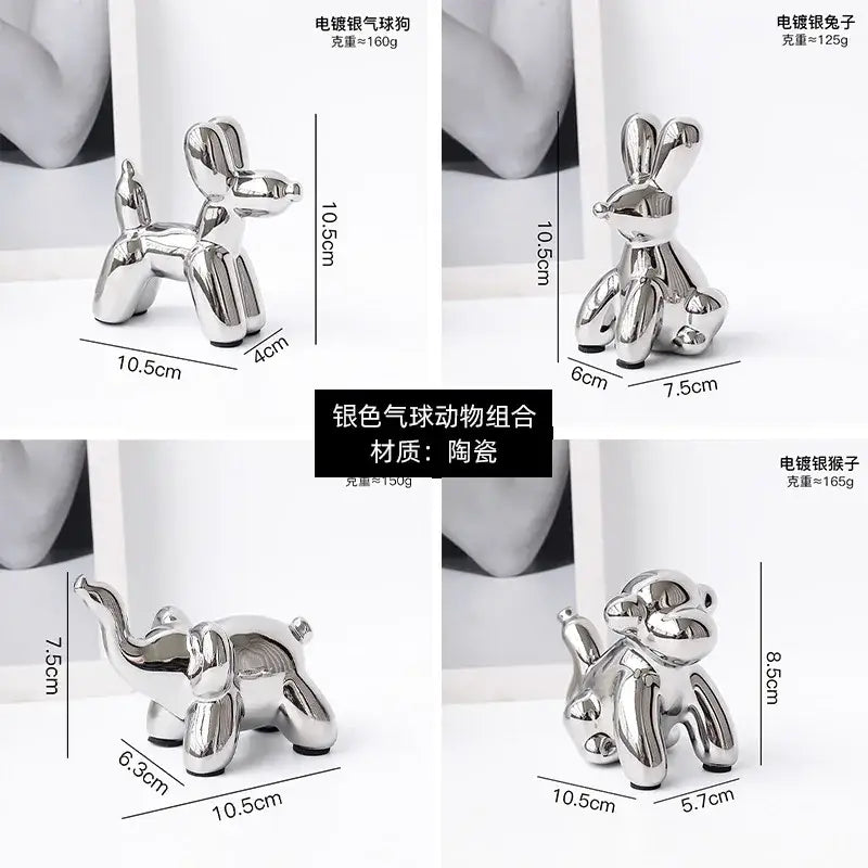 Silver-plated ceramic balloon animal desk ornament featuring golden monkey dog rabbit and elephant for living room decor