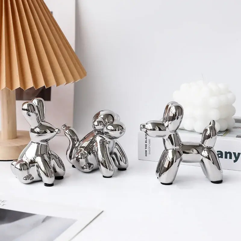 Shiny silver ceramic balloon dog figurines with black rubber feet desk ornament for decorbites golden monkey collection