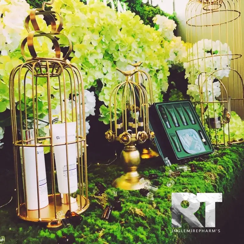 Gold-toned birdcage style ornament holding two white candles designed as a dining room candle holder