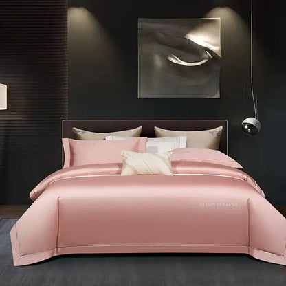 Pink satin egyptian cotton bedding set with subtle gold embroidery and matching pillowcases by decorbites 1000tc egyptian