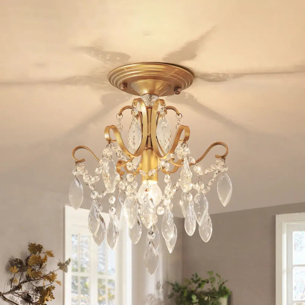 DecorBites™ DecorBites™ Golden Semi Flush Mount Light with Crystal Droplet - Traditional Bent Arm Design
