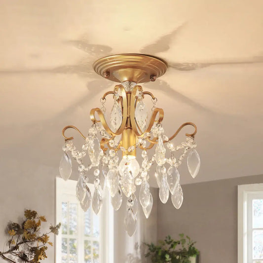 DecorBites™ DecorBites™ Golden Semi Flush Mount Light with Crystal Droplet - Traditional Bent Arm Design