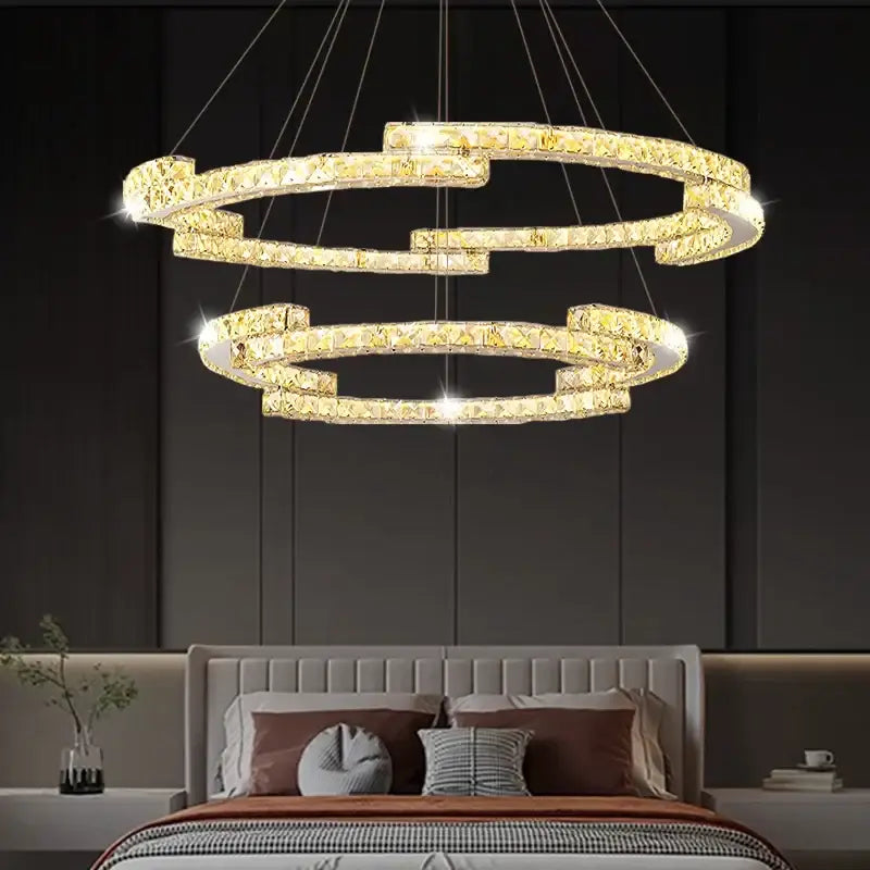 Golden spiral circular crystal pendant light with two interlocking rings and embedded led lights for living room decorbites circular crystal pendant