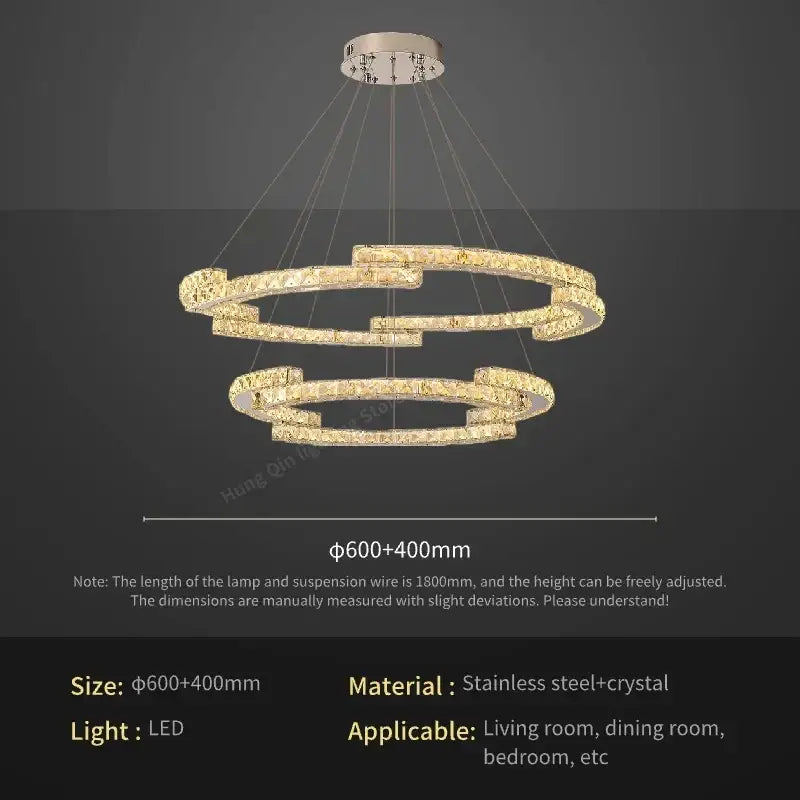 Gold-toned gold spiral circular crystal pendant light with double-ring chandelier and stainless steel frame for living room decorbites circular crystal pendant