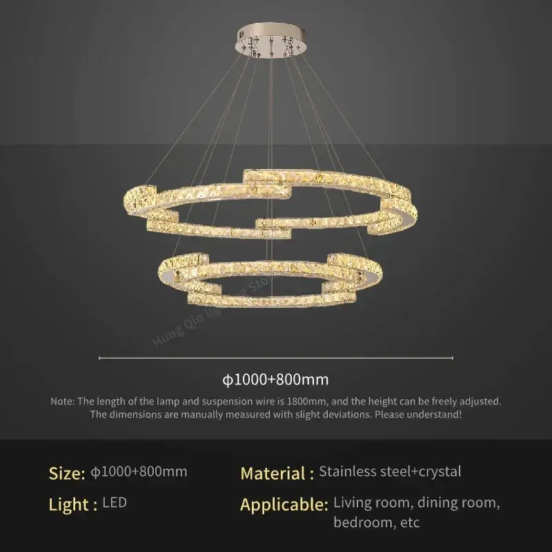 Gold-toned double-ring led circular crystal pendant light with stainless steel frame for living room decorbites circular crystal