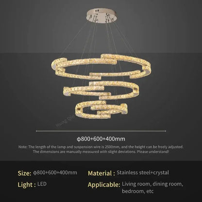 Gold-toned decorbites circular crystal pendant light with spiral design and stainless steel frame for living room decor