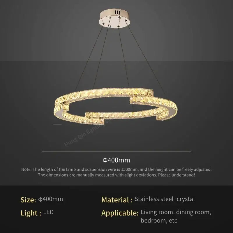 Modern golden spiral circular crystal pendant light with double-ring led and stainless steel frame for living room decorbites circular crystal pendant
