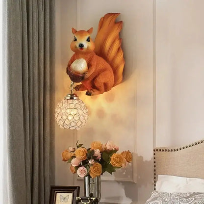 Orange cute squirrel wall lamps with crystal globe pendant by decorbites perfect for bedroom decorbites cute squirrel decor