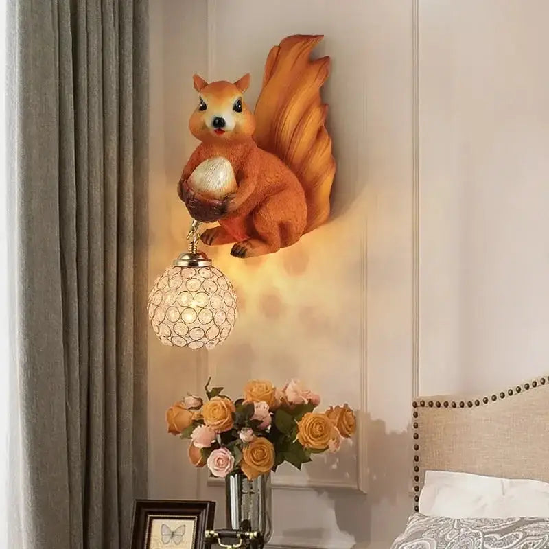 Orange cute squirrel wall lamps with crystal globe pendant by decorbites perfect for bedroom decorbites cute squirrel decor