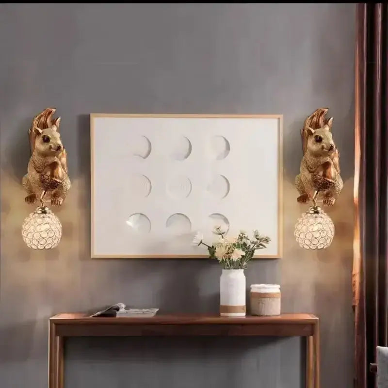 Golden cute squirrel wall lamps with textured crystal globe shades for bedroom decorbites cute squirrel decor