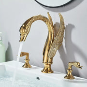 Golden swan dual handle deck mounted bathroom basin tap with cold water feature and intricate feather detailing