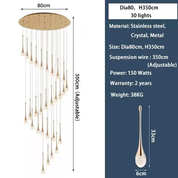 Golden teardrop crystal staircase chandelier with circular stainless steel mount and 30 crystal lights decorbites crystal staircase