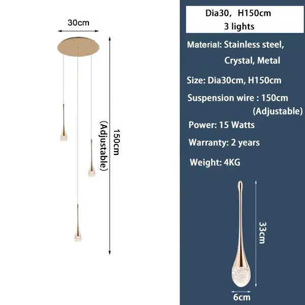 Modern minimalistic golden teardrop crystal staircase chandelier with stainless steel mount by decorbites crystal staircase