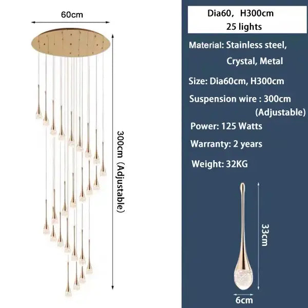 Golden teardrop crystal staircase chandelier with circular stainless steel top and 25 cascading lights by decorbites crystal staircase