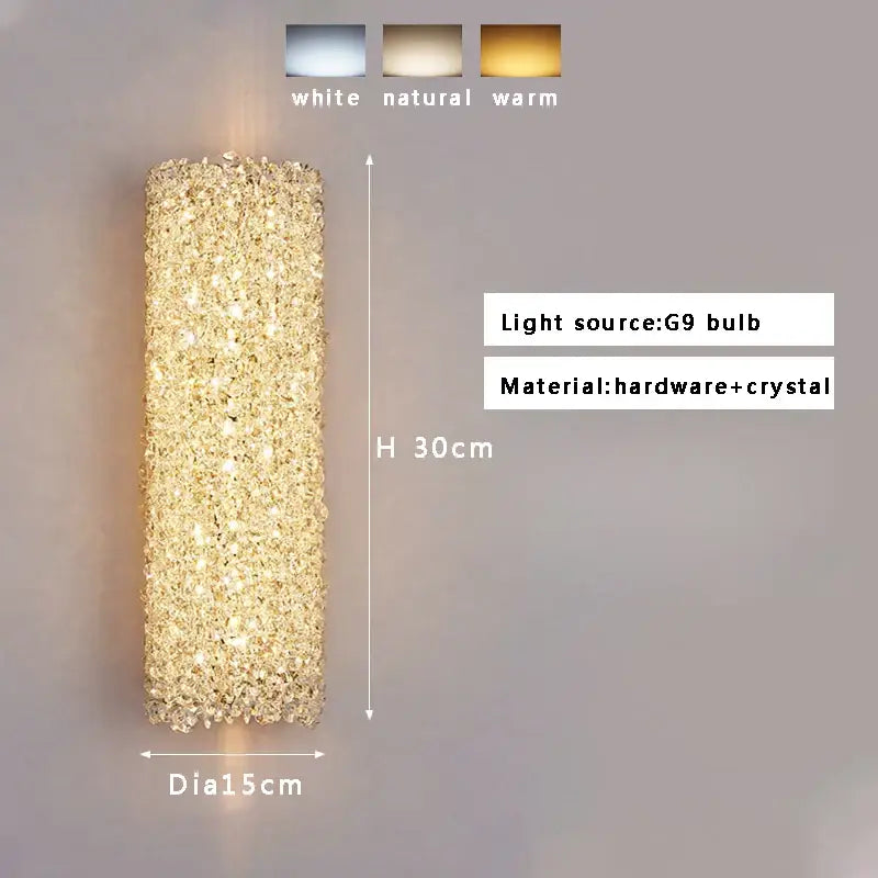 Golden textured glass wall lamp with crystal beads emitting a warm glow perfect for living room decorbites crystal beads