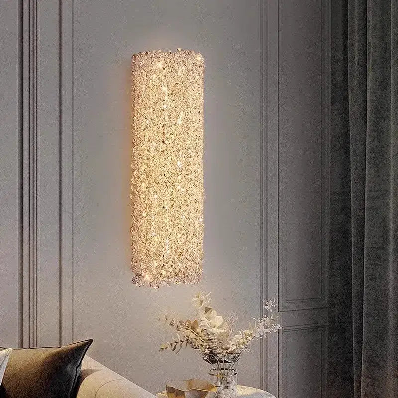 Golden textured glass wall lamp with decorbites crystal beads emitting warm glow ideal for living room wall lamp decor