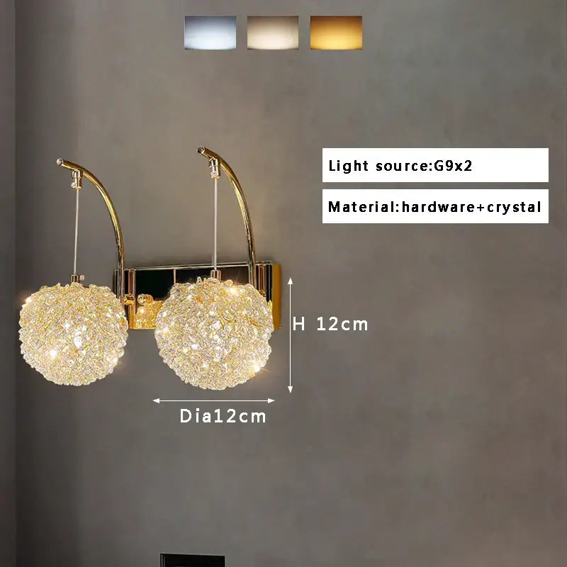 Gold-toned wall lamp with textured glass and decorbites crystal beads featuring two spherical clusters for living room decor