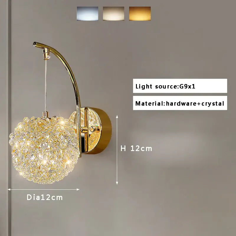 Gold-toned wall lamp with spherical crystal beads and curved metal arm for living room decor by decorbites crystal beads