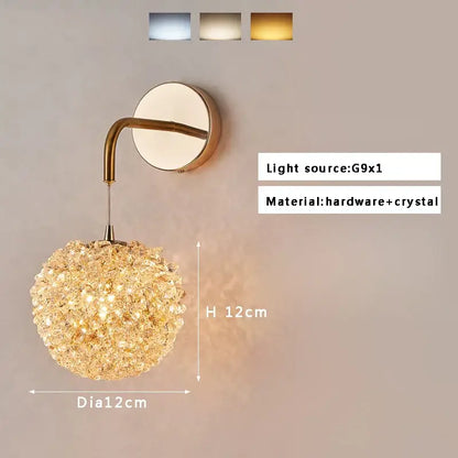 Gold-toned wall lamp with textured glass and spherical crystal beads by decorbites for elegant living room decor