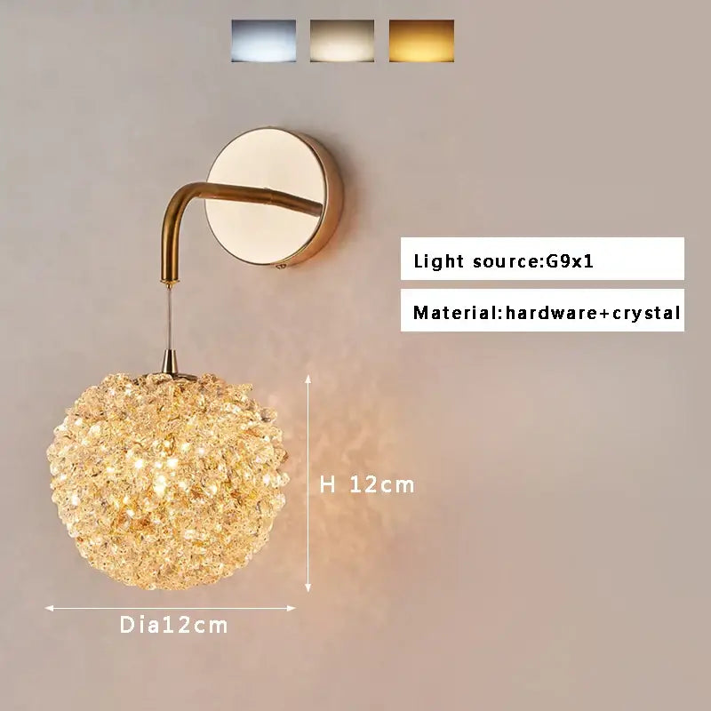 Gold-toned wall lamp with textured glass and spherical crystal beads by decorbites for elegant living room decor