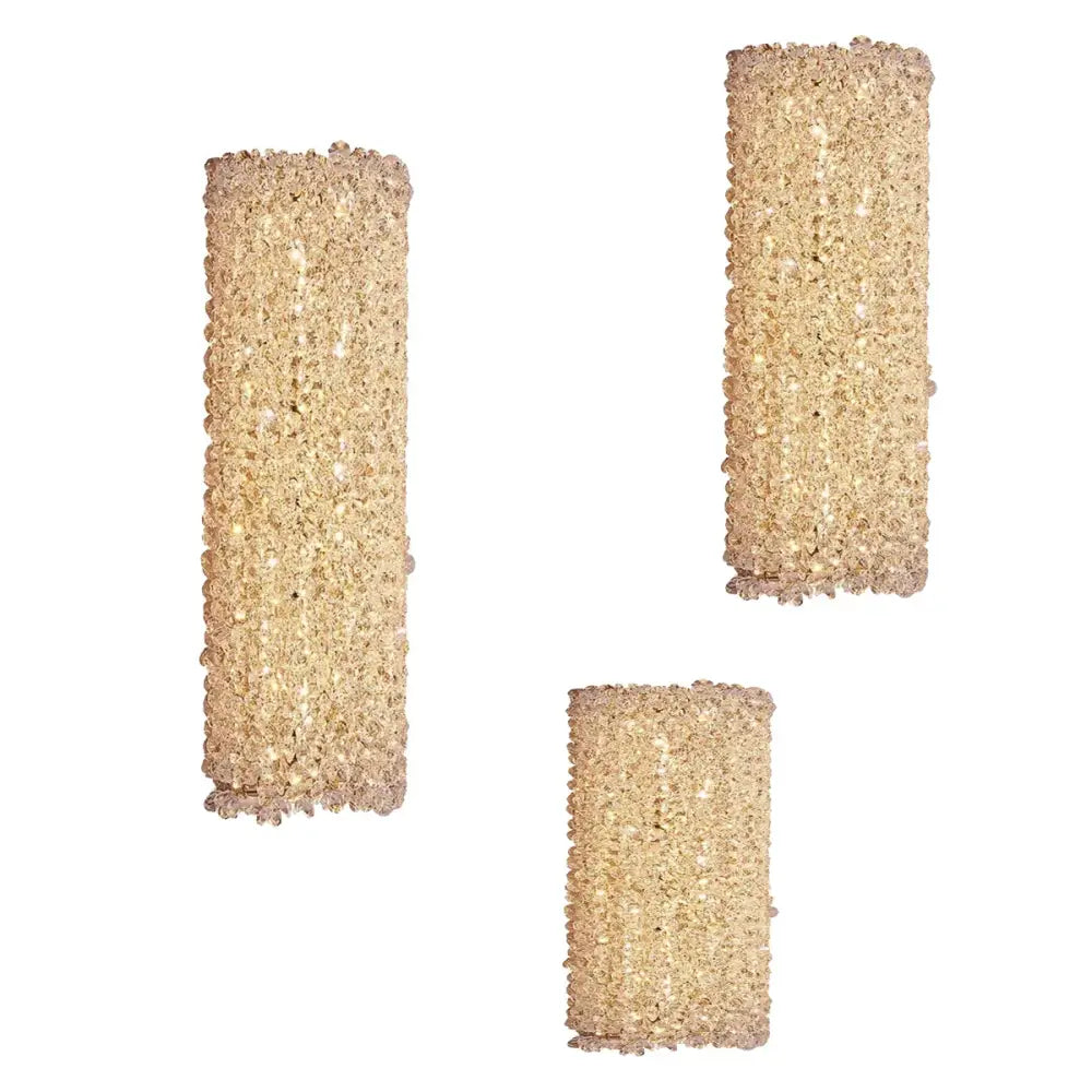 Three rectangular golden textured glass wall lamps with embedded decorbites crystal beads for living room decor