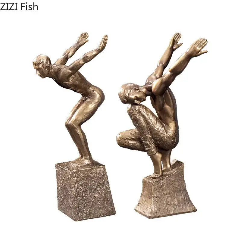 Bronze-colored golden thinker bodybuilder resin sculpture of two athletic figures on stone bases for office decor