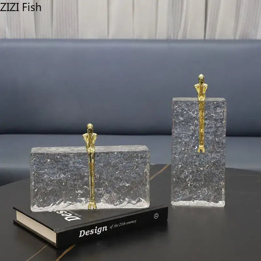 Golden thinker ice crystal sculpture featuring gold-colored slender figurine on textured glass base for decorbites decorbites golden thinker