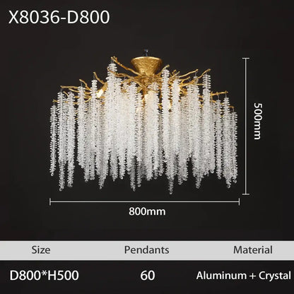 Gold-toned golden tree branch crystal led ceiling chandelier with cascading clear crystal pendants for elegant decorbites branch crystal lighting