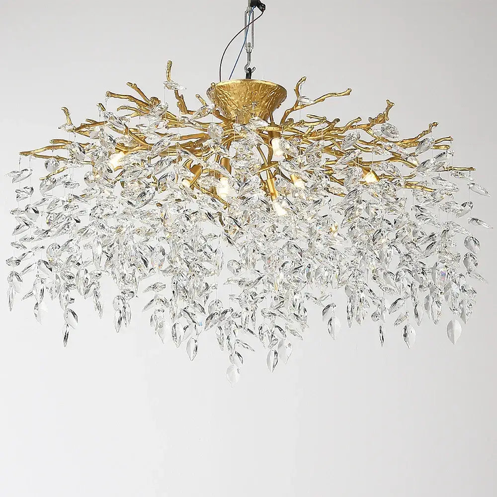 Golden tree branch crystal led ceiling chandelier with cascading clear crystal leaves in gold and black for dining room decorbites branch crystal