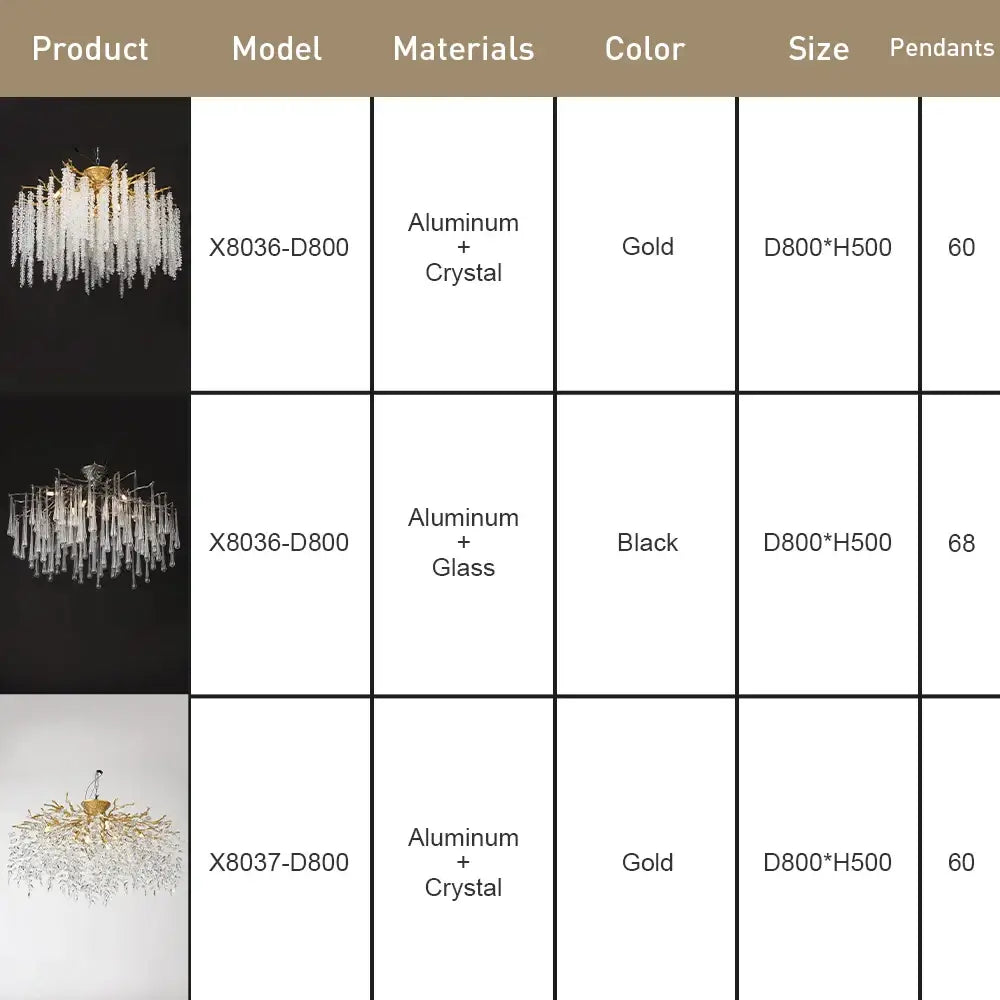 Gold-finished decorbites branch crystal led chandelier with cascading droplets and aluminum frame for dining room ceiling decor