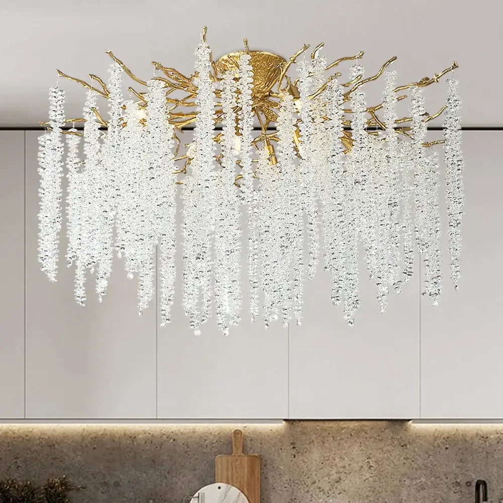 Gold-toned branch crystal led ceiling chandelier with cascading clear crystals for dining room decorbites branch crystal
