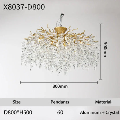 Gold-toned aluminum golden tree branch crystal led ceiling chandelier with cascading clear crystals for dining room decorbites branch crystal
