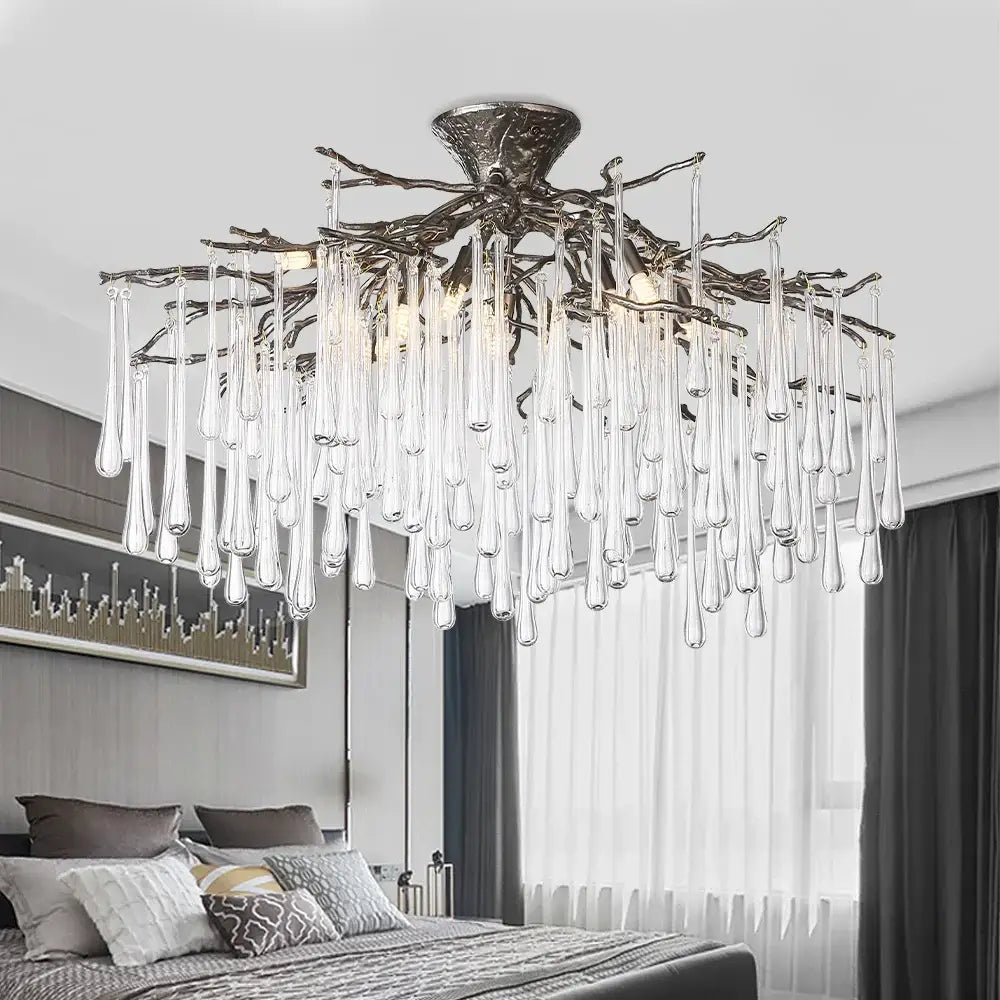 Elegant black metal golden tree branch crystal led ceiling chandelier with cascading clear glass teardrop pendants