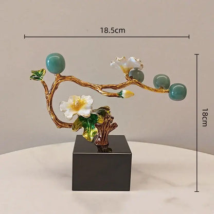 Golden tree plum blossom porcelain sculpture with turquoise beads and floral accents on black base for living room decor