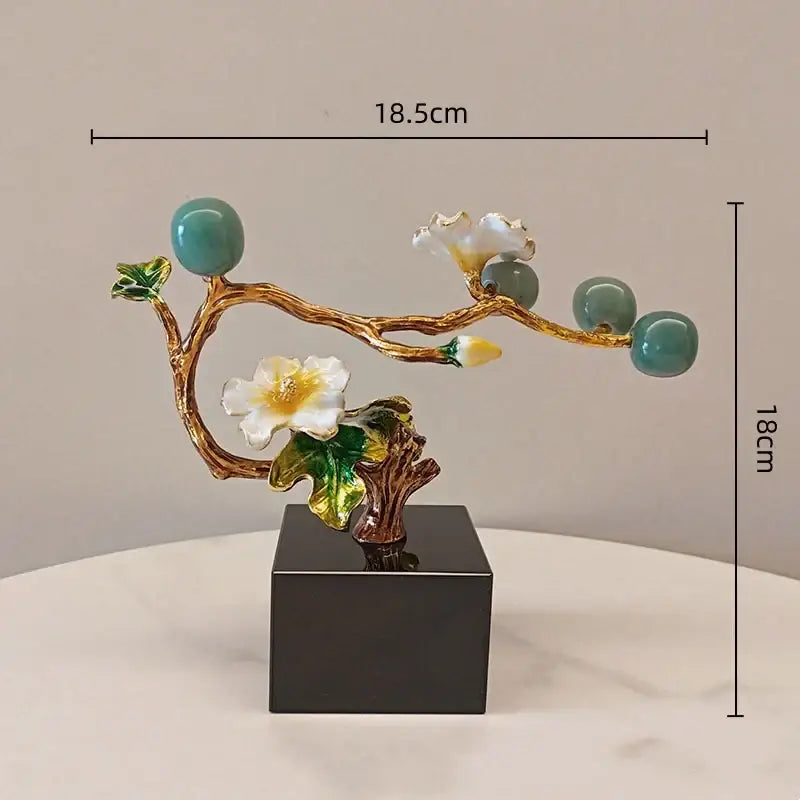 Golden tree plum blossom porcelain sculpture with turquoise beads and floral accents on black base for living room decor