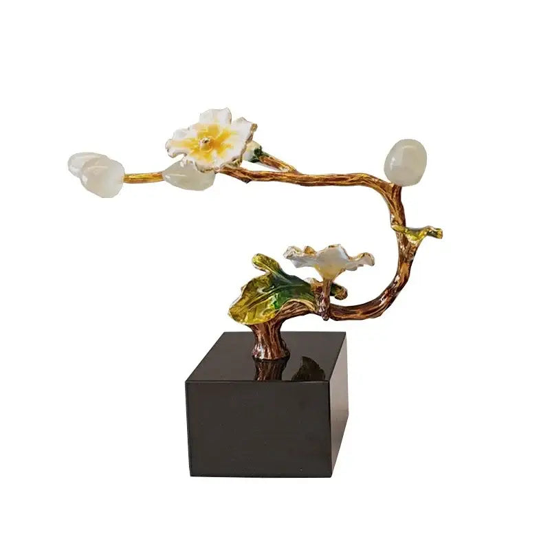 Elegant porcelain golden tree plum blossom sculpture with white blossoms on black base for living room decor
