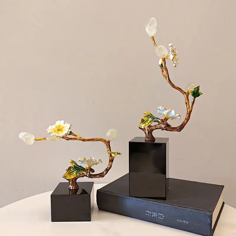 Elegant gold-toned ceramic golden tree plum blossom sculpture with white and pale blue blossoms for living room decor