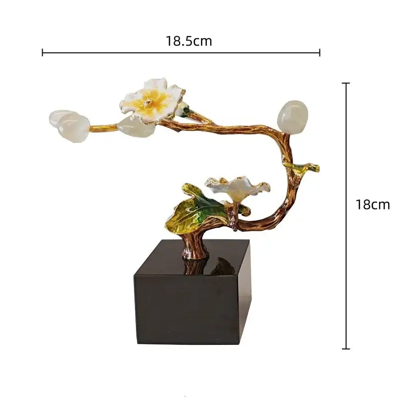 Golden tree plum blossom porcelain sculpture with white blossoms yellow centers green leaves on black base for decor