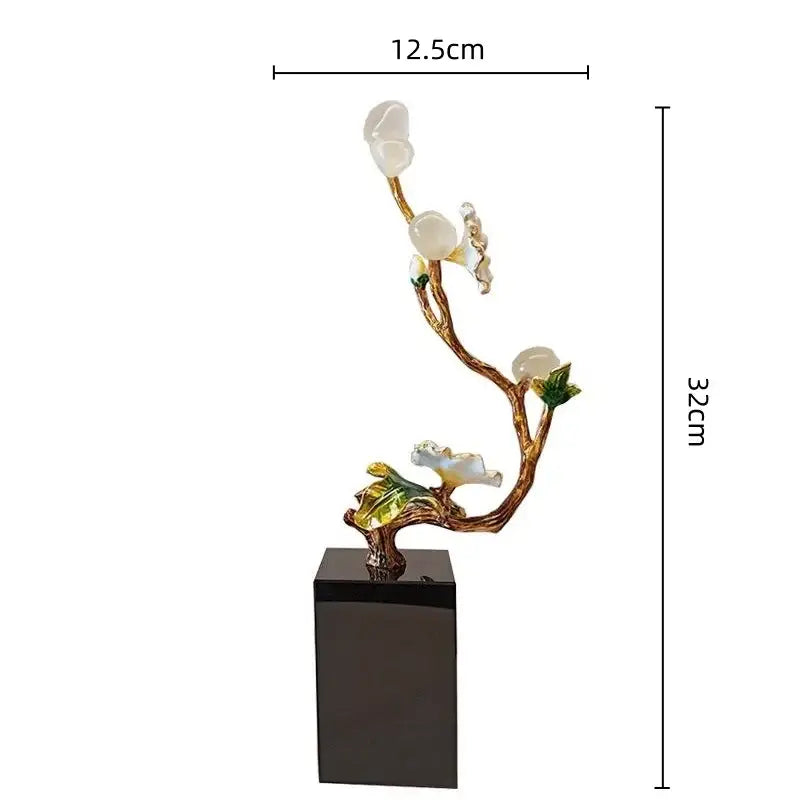 Golden tree plum blossom porcelain sculpture with golden-brown branch and white jade-like blossoms for living room decor