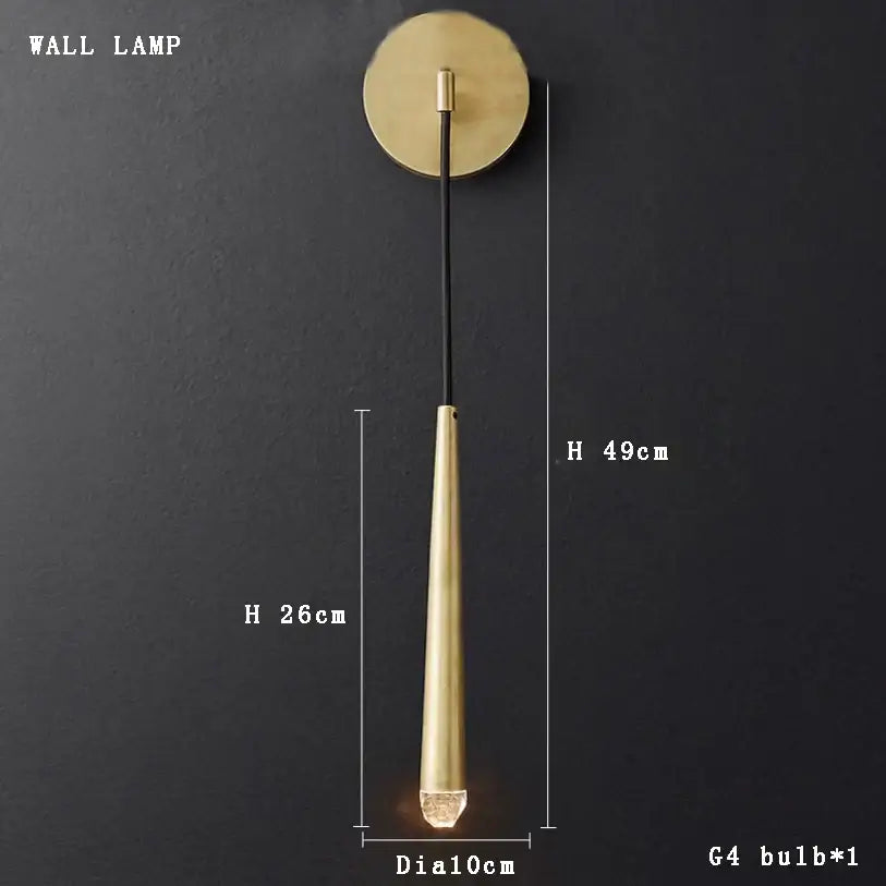 Gold-toned minimalist wall lamp with circular base and faceted crystal bulb for decorbites crystal water drop ceiling decor