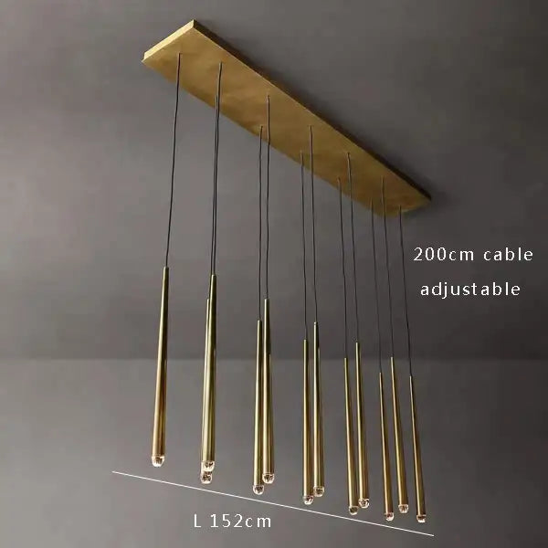 Modern brass crystal water drop ceiling chandelier with slender cylindrical arms and rectangular mounting plate for living room decorbites crystal water