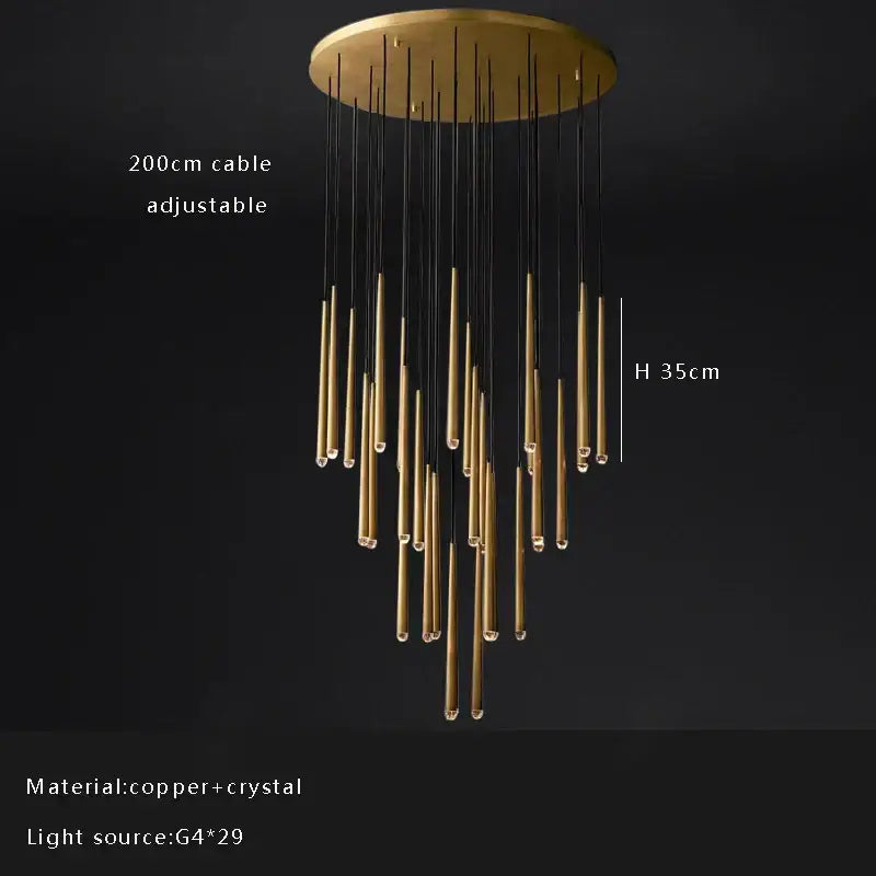 A modern golden water drop ceiling chandelier with brass, slender copper rods and crystal water drop accents decorbites crystal water